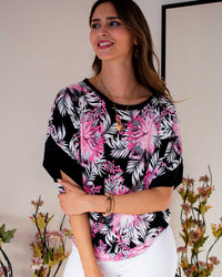 Polera Patti Floreado Rosa Manga Color Negro